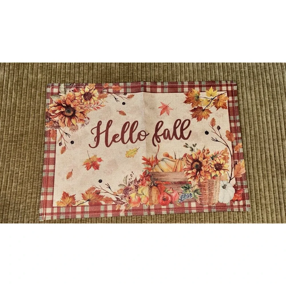 Set Of 6 Harvest Themed Fall Autumn Placemats Leaf Foliage Gingham Check